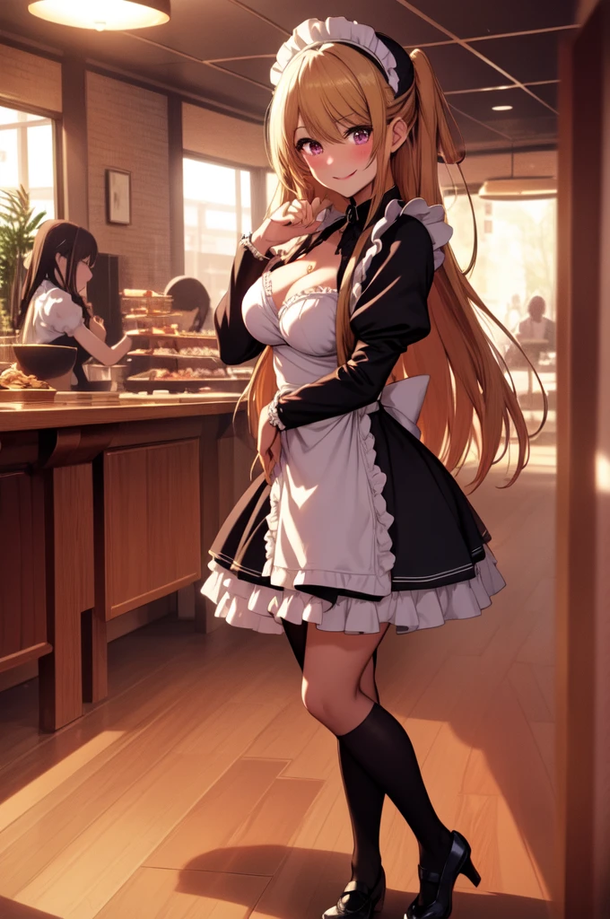 anime, beautiful face, highly detailed face, detailed perfect eyes, perfect hair, perfect lips, accurate arms, accurate hands, perfect legs, accurate footware. highly detailed background, front lighting, perfect lighting, full body, 1girl, solo, ruby hoshino, ruby, oshi no ko, heels, blonde hair, thighhighs, stockings, absurdres, high res, ultrasharp, 8K, masterpiece, looking at viewer, in a maid cafe, restaurant (sexy pose:1.4), (full body:1.3), waitress, maid, very reveling maid outfit, nearly nude, cleavage, stockings, full of delight, smiling full of compassion, blushed