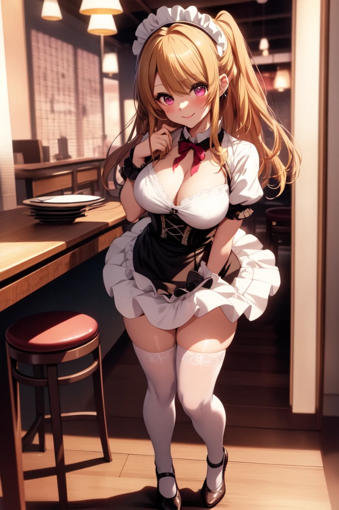 anime, beautiful face, highly detailed face, detailed perfect eyes, perfect hair, perfect lips, accurate arms, accurate hands, perfect legs, accurate footware. highly detailed background, front lighting, perfect lighting, full body, 1girl, solo, ruby hoshino, ruby, oshi no ko, heels, blonde hair, thighhighs, stockings, absurdres, high res, ultrasharp, 8K, masterpiece, looking at viewer, in a maid cafe, restaurant (sexy pose:1.4), (full body:1.3), waitress, maid, very reveling maid outfit, nearly nude, cleavage, stockings, full of delight, smiling full of compassion, blushed