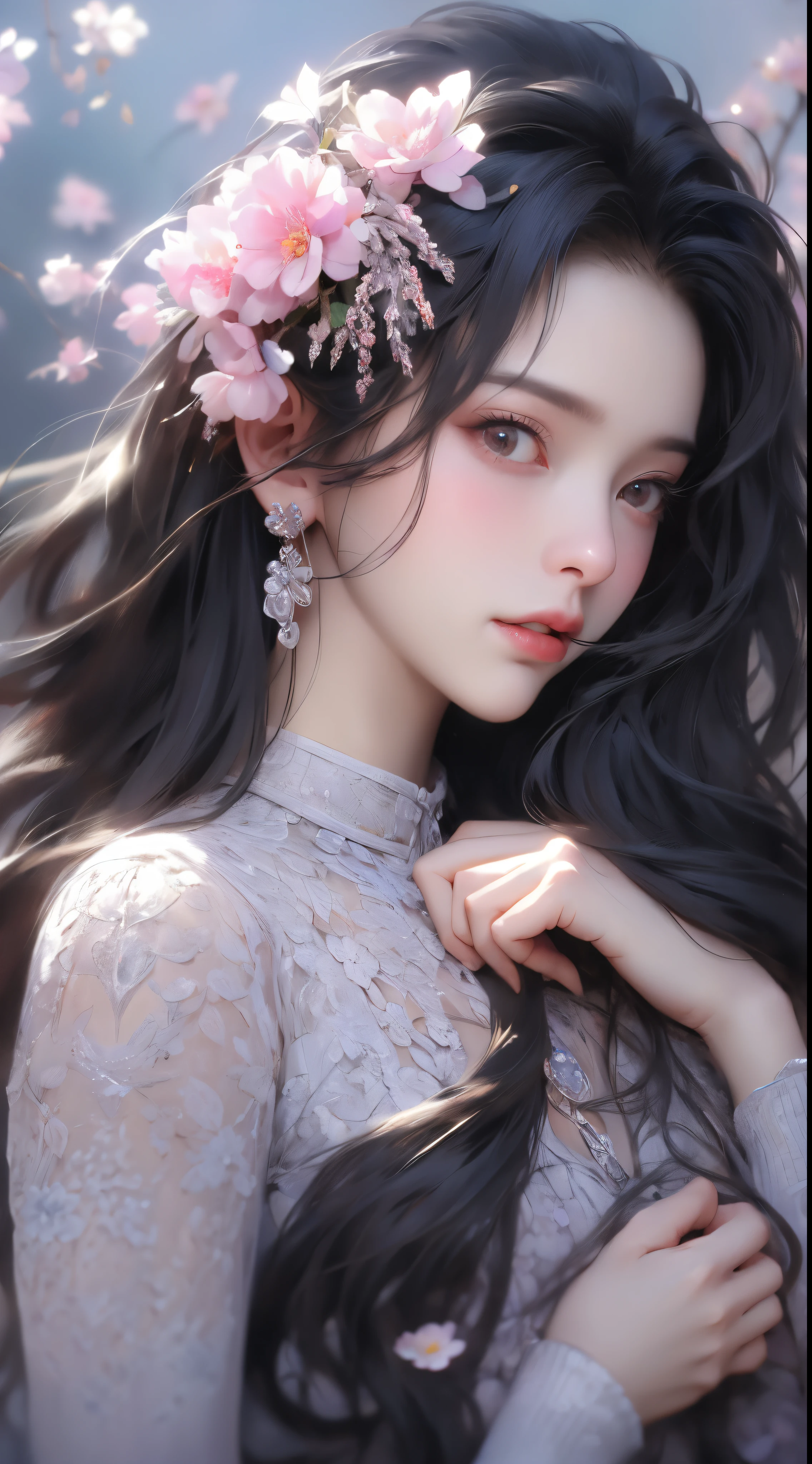 1 girl, close up upper-body portrait, Black hair, Flowing hair, Hazy beauty, with extremely beautiful facial features, purple embroidered dress, Head Hairpin, Lying on a bush of flowers, Hands on the face, Perfect Anatomy, white blossoms, (spring, rainy day, terraces, mountainscape), Vector art, Contemporary Chinese art, Soft light, Intertwined scarves, Looking down