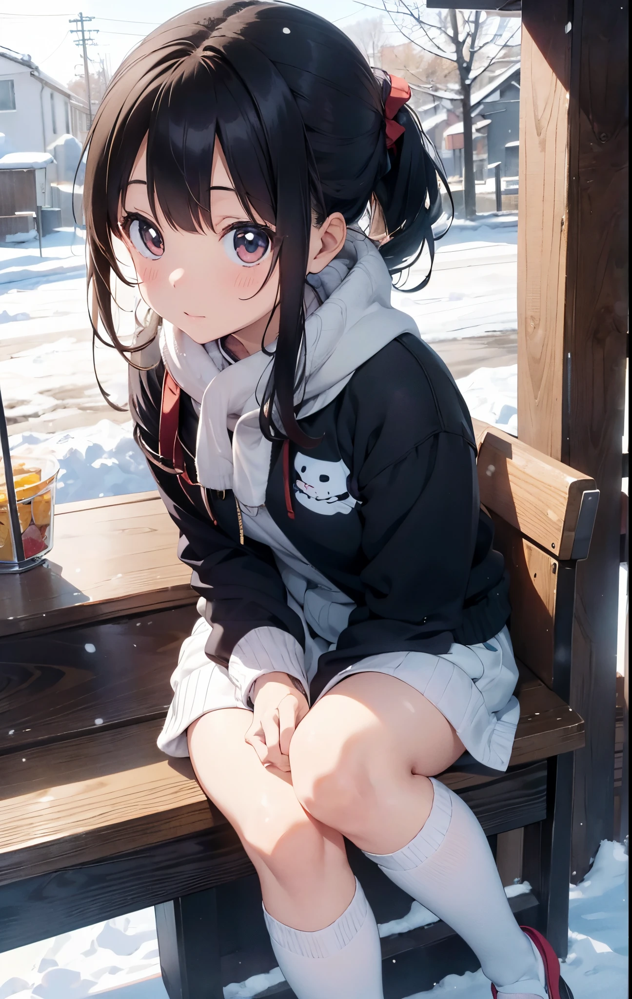 On the table, Best quality at best, A high resolution,Anime girl sitting on skis in the snow，Trees in the background, in the snow, In the snow, (yuki), in the winter, yuruyuri, akiko takase, Snow in winter, illustratio!, snowy days, inspired by Miwa Komatsu, Iwakura Company, yuruying, Beautiful scene, snow snow, Aya Takano color style,knee length socks