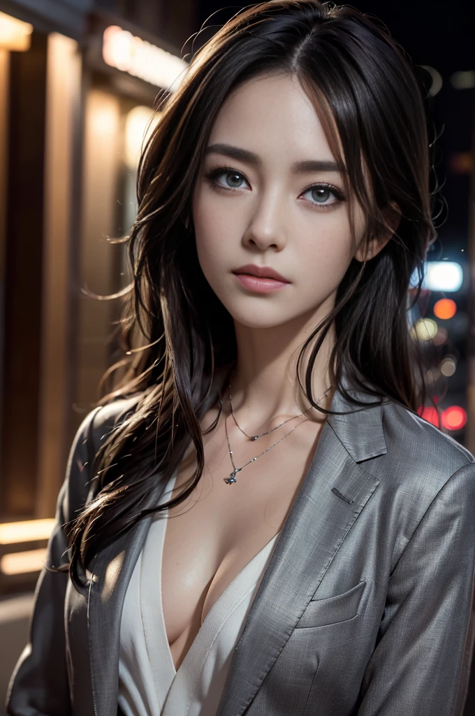 (Photoreal Stick:1.5, masutepiece:1.5, 8K), (top-quality, ​masterpiece, 超A high resolution), Highly detailed skin and facial texture:1.Professional camera work:1.3, Mystical portrait:1.3, Grow Light Effect, Cinematic Light, Perfect dynamic composition, The ultra-detailliert, Model body type, Clear face, Detailed hand, Beautiful and detailed eyes, Totally loves you, V-neck shirt, Black Tailored Suit, Suit jacket, night view at night, dark brown hair, Small breasts, a necklace, Close-up portrait