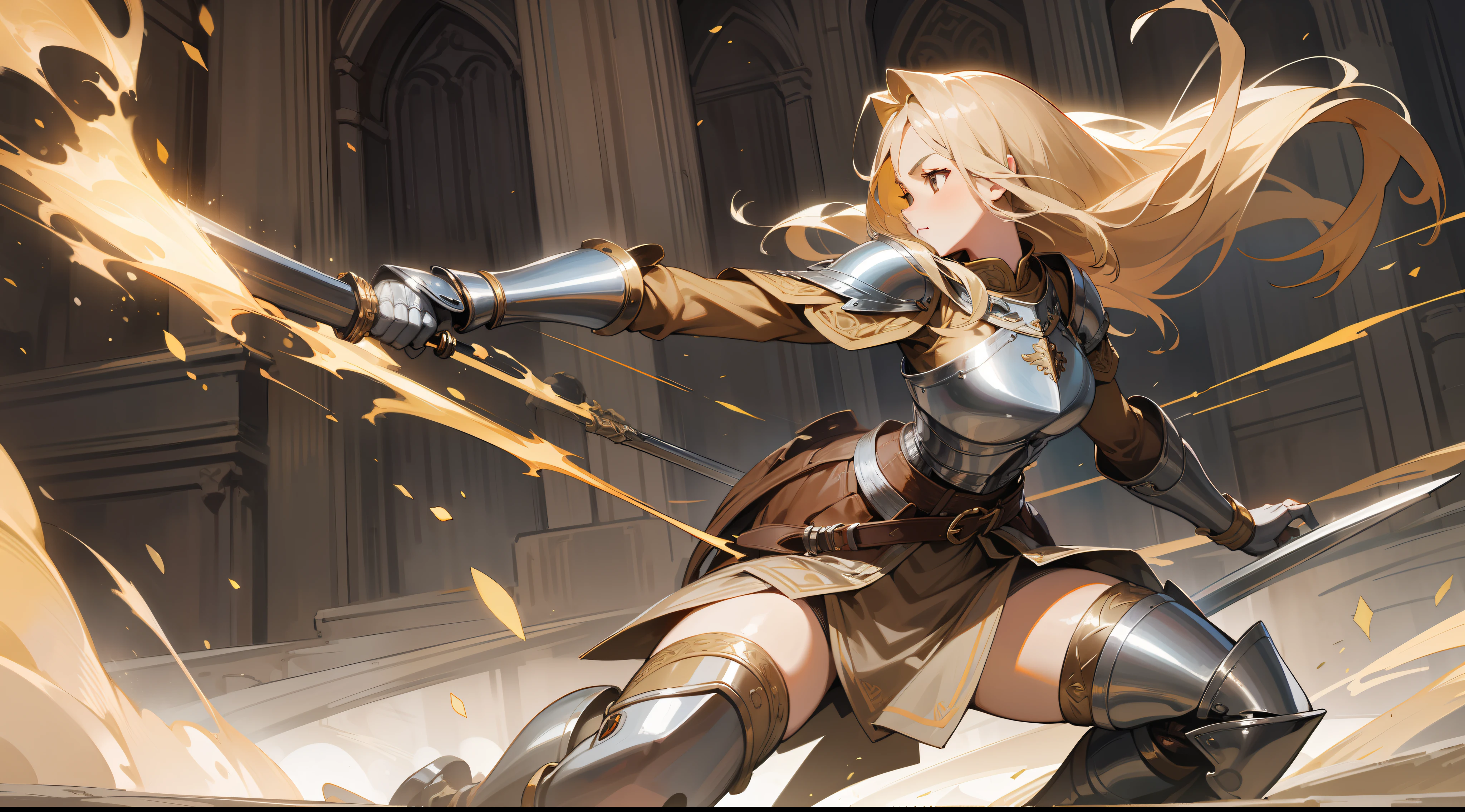 masterpiece, best quality, mature woman, warrior, long light blonde hair, brown clothing, silver breastplate, silver shin guard, belt, skirt, costume, medieval, in a battle arena, dynamic pose, beautiful detailed glow.