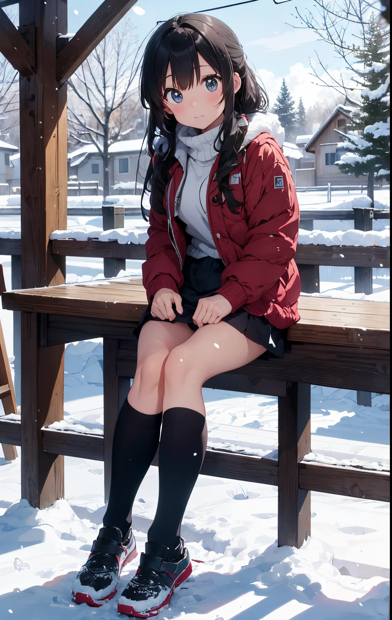 On the table, Best quality at best, A high resolution,Anime girl sitting on skis in the snow,Trees in the background, in the snow, In the snow, (yuki), in the winter, yuruyuri, akiko takase, Snow in winter, illustratio!, snowy days, inspired by Miwa Komatsu, Iwakura Company, yuruying, Beautiful scene, snow snow, Aya Takano color style,knee length socks