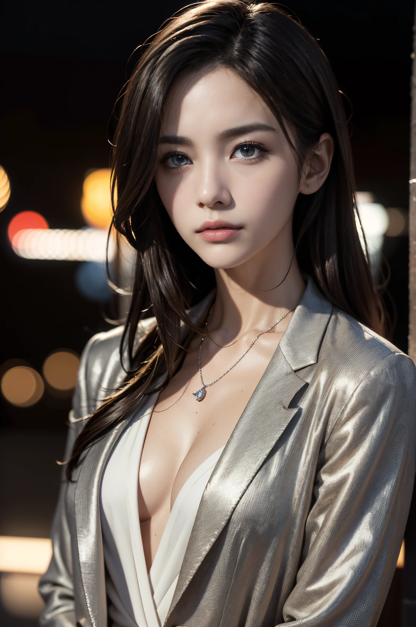 (Photoreal Stick:1.5, masutepiece:1.5, 8K), (top-quality, masterpiece, 超A high resolution), Highly detailed skin and facial texture:1.Professional camera work:1.3, Mystical portrait:1.3, Grow Light Effect, Cinematic Light, Perfect dynamic composition, The ultra-detailliert, Model body type, Clear face, Detailed hand, Beautiful and detailed eyes, Totally loves you, V-neck shirt, Black Tailored Suit, Suit jacket, night view at night, dark brown hair, Small breasts, a necklace, Close-up portrait