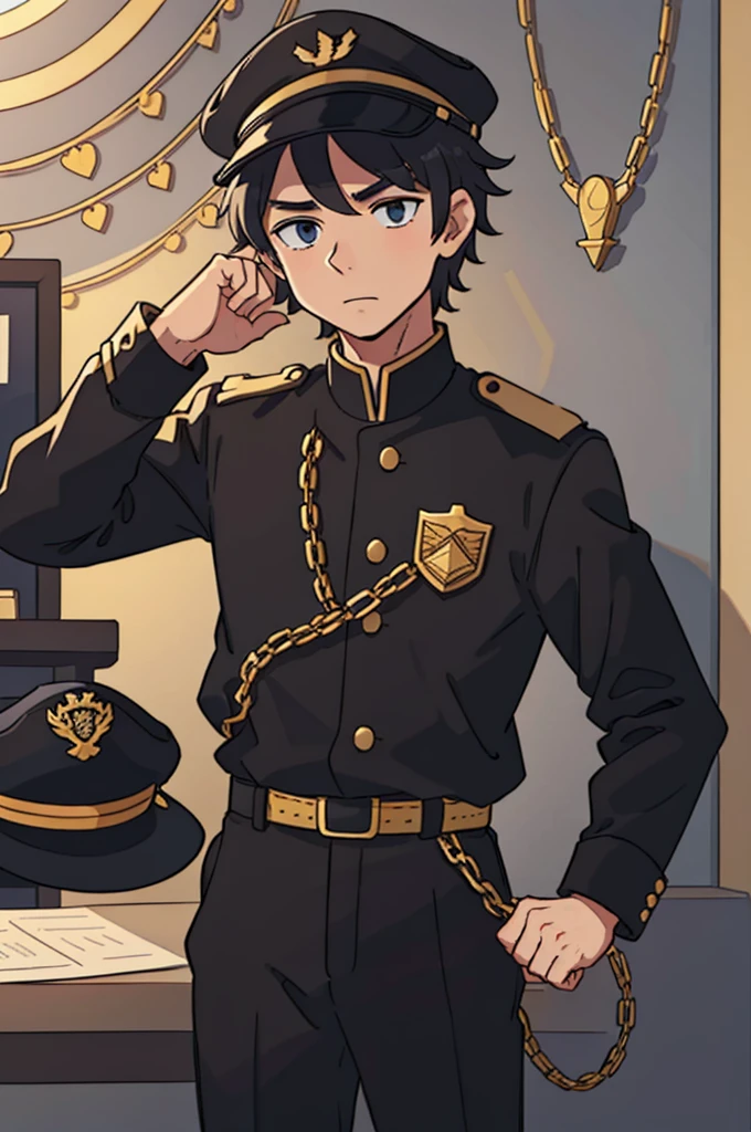 man in black uniform, gold details, captains hat