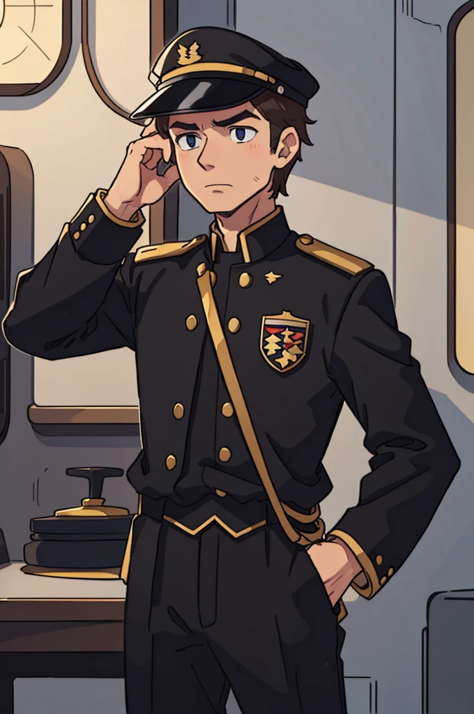 man in black uniform, gold details, captains hat