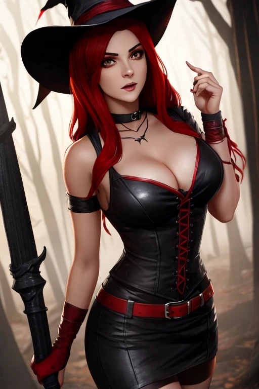 Mikaela Reid from dead by daylight, sexy witch outfit, red hair, chased by a killer
