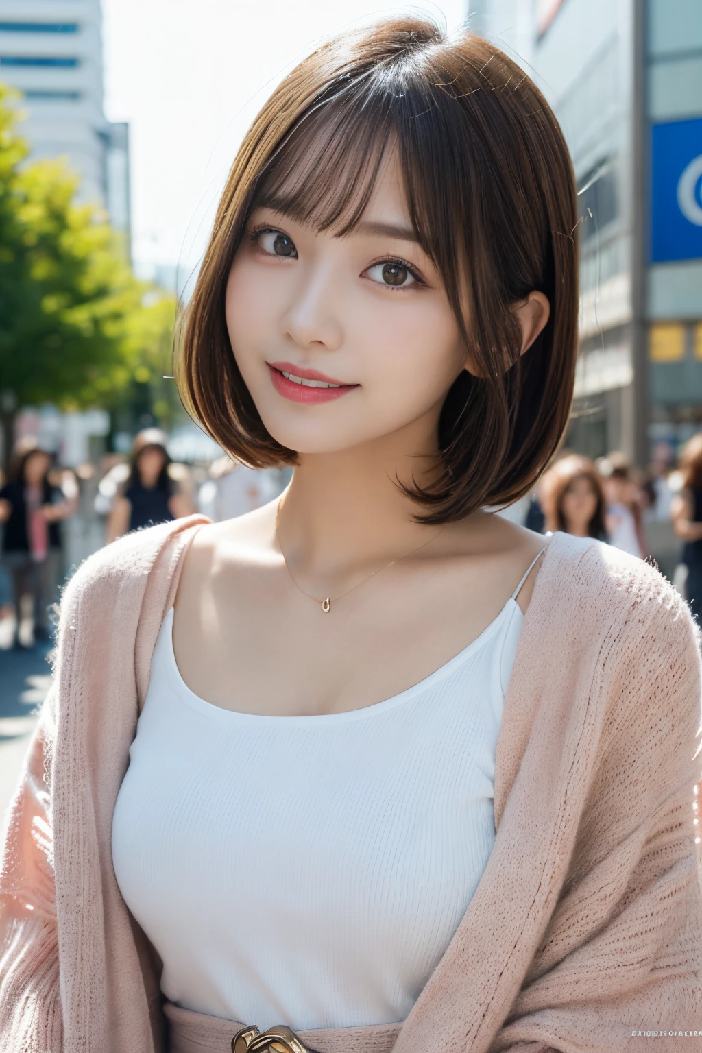 masutepiece, Best Quality, Illustration, Ultra-detailed, finely detail, hight resolution, 8K Wallpaper, Perfect dynamic composition, Beautiful detailed eyes, Women's Fashion Summer,Short bob hair,Small breasts natural color lip, Bold sexy poses,Smile,Harajuku、20 years girl、Cute、Sexy shot looking at camera