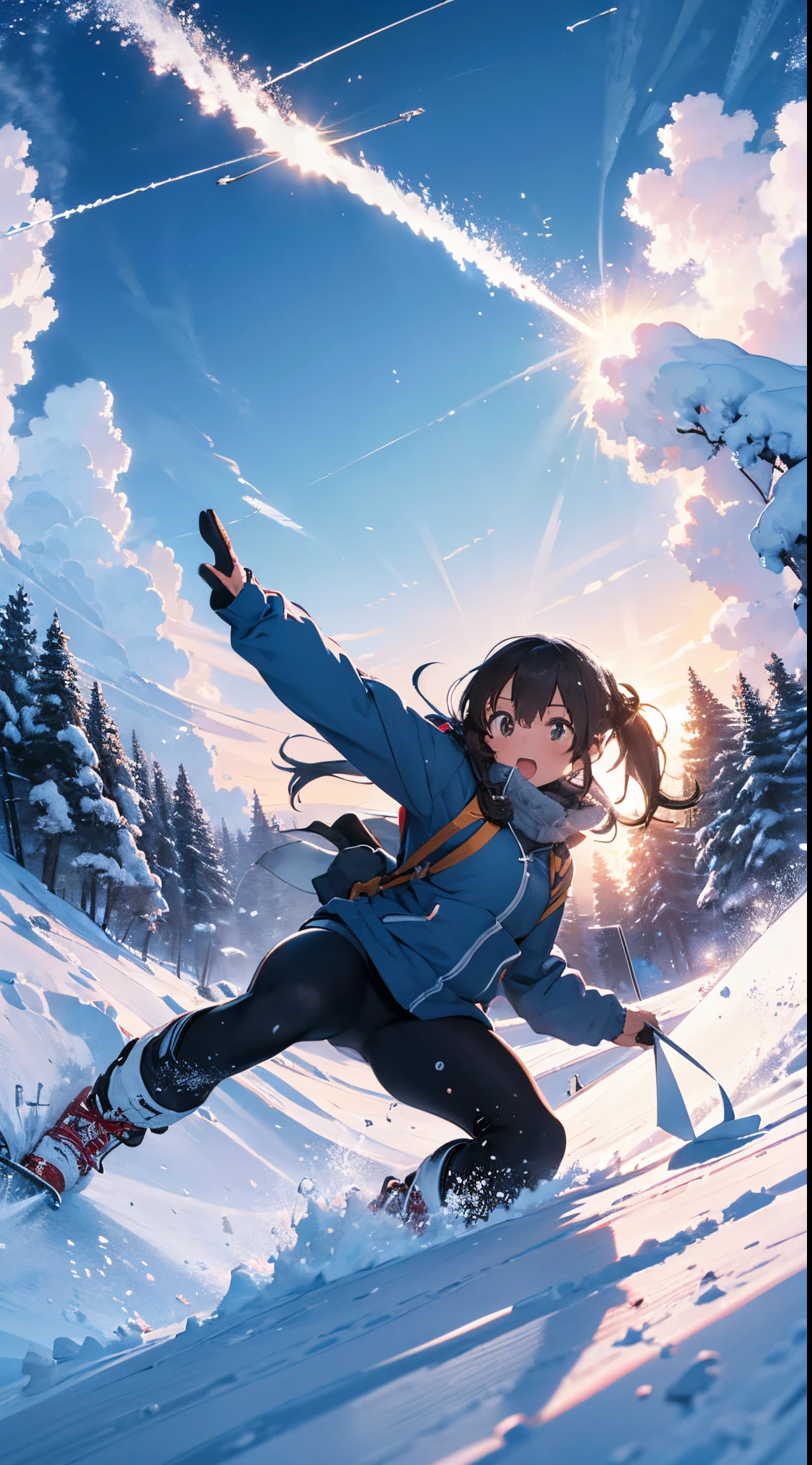 1 girl,skiing, skiing, snow explosion, action shot, , rays of sunshine, wide angles, (end:1.3) 8K, F2.8, RAW photogr, ultra - detailed, reallife,8K,32,