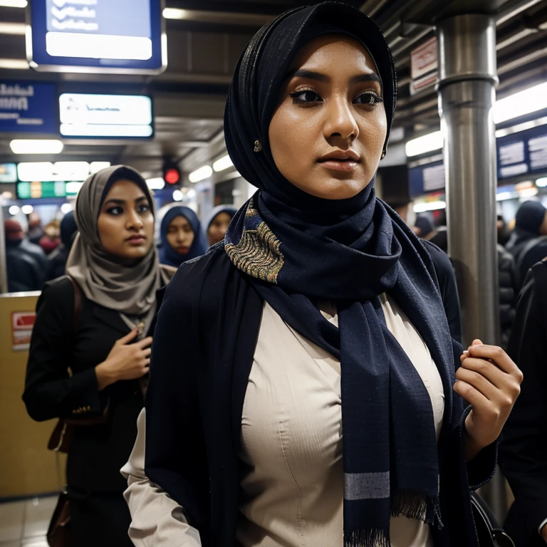 Indoesian hijabi woman, hijab woman, walking to work, inside crowded train station, crowded, realistic,wearing muslim clothes, printing pattern hijab scarves.