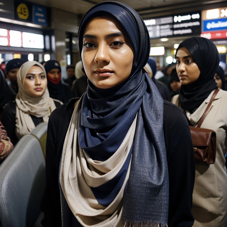 Indoesian hijabi woman, hijab woman, walking to work, inside crowded train station, crowded, realistic,wearing muslim clothes, printing pattern hijab scarves.