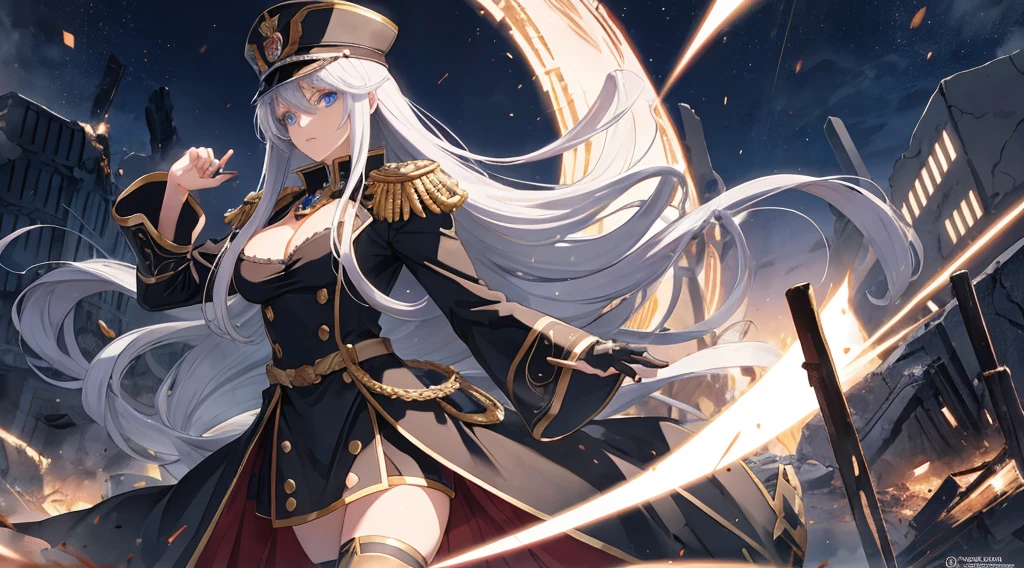 Masterpiece, best quality. 1 Anime lady ( woman), Solo, (Look at front/look at viewers) . Stern looks. She wearing black epaulette dress, black commander hat, have glowing light blue eyes. She have very long white hair. Floating hair up. Ring of Goddess. Cinematic light. (War, destroyed City, Ashes). Releasing power. blue aura. Eyes glowing.