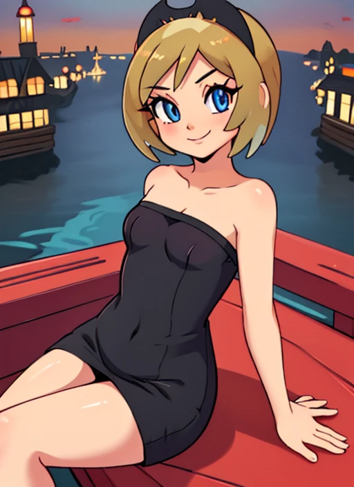 upperbody, 1girl, solo, pinup, detailed eyes, detailed face, looking at the viewer, highly detailed, beautiful, little black dress, strapless tube dress, sexy, seductive, sultry, sitting on a bridge, Smiling Irida \(pokemon\),