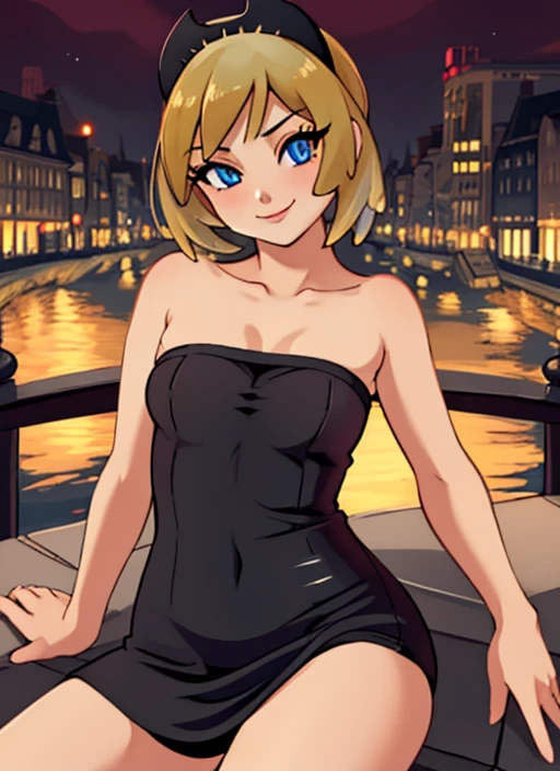 upperbody, 1girl, solo, pinup, detailed eyes, detailed face, looking at the viewer, highly detailed, beautiful, little black dress, strapless tube dress, sexy, seductive, sultry, sitting on a bridge, Smiling Irida \(pokemon\),