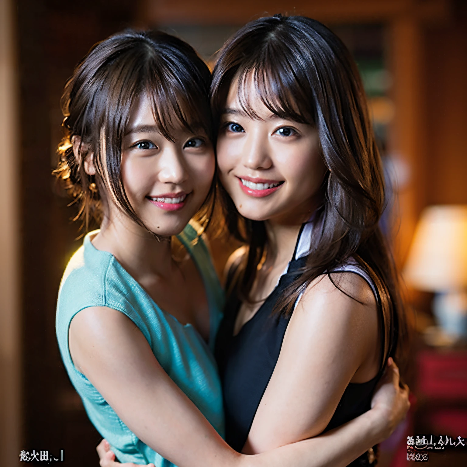 (8K、Raw photography、top-quality、​masterpiece:1.2)、(realisitic、Photorealsitic:1.37)、ultra-detailliert、超A high resolution、Identical twin sisters happily hugging each other、see the beholder、beautifull detailed face、A smile、Constriction、(Slim waist) :1.3)、Tank Tops、Beautiful detailed skin、Skin Texture、floated hair、profetional lighting、