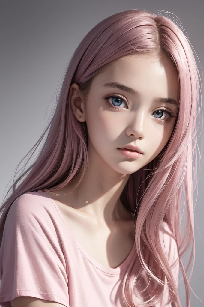 (masterpiece),(best quality:1.1),(ultra-detailed),best illustration,finely detail,(portrait:1.1),(intense close-up),watercolor drawing)floating,1girl,solo,13 years old,slim,(extremely delicate and beautiful face),(detailed beautiful eyes),pink thick lips,(disheveled hair),(wearing a pink baggy T-shirt),soft and lazy,(simple background:1.2)whole colored background,clear,4K