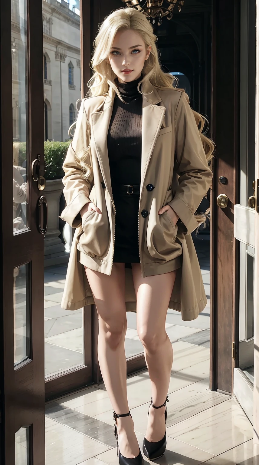 a 25yo woman、Hair color is blonde、Eye color is blue、Long hair is wavy、Hair tied back、wearing eye shadow and lipstick、accessories on wrist、Slender but well-proportioned muscular body、Wearing a long coat over a high-neck zipper-up top、She is wearing a tight skirt with a deep slit.、hands in the pockets of a long coat、I'm wearing high heels、a smile、In front of the glass door leading to the courtyard in the hallway of the Palace of Versailles.