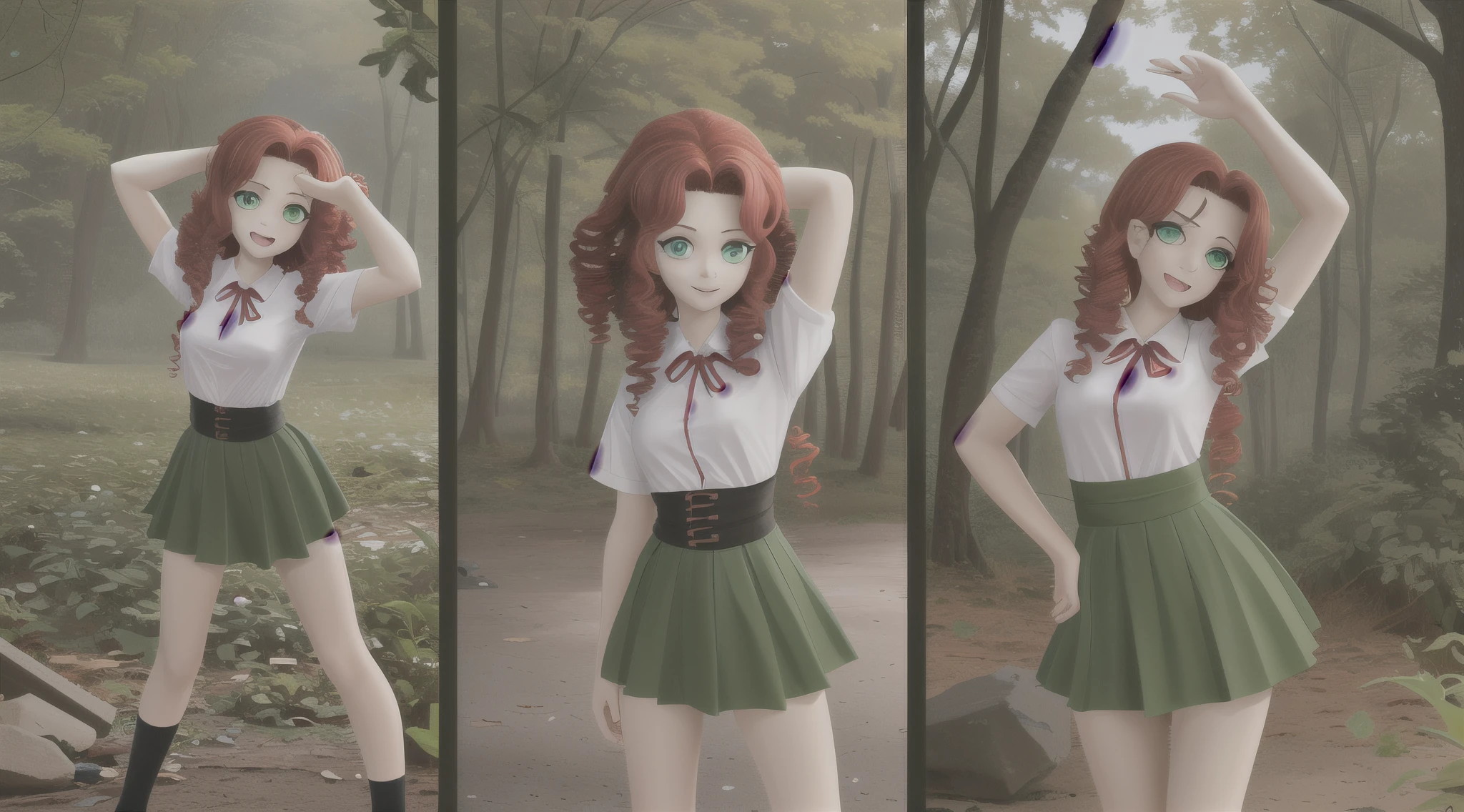 Charakter-Design-Blatt: Unterschiedliche Posen, Turnaround Draw a picture of a 24-year-old woman, 165 cm tall, schlank, sportlich, rotes Haar, lockiges Haar, green eyes, Stelle sie als eine lebensfrohe, junge Frau dar, whose facial expression reflects happiness and relief, different poses from different directions She has red curly hair and green eyes, and embodies a mixture of chaos, neugierig, lucky and inexperienced characteristics. Emphasize her red curls and green eyes, ihre Neugier, their nature and their inner strength. she wears a skirt
