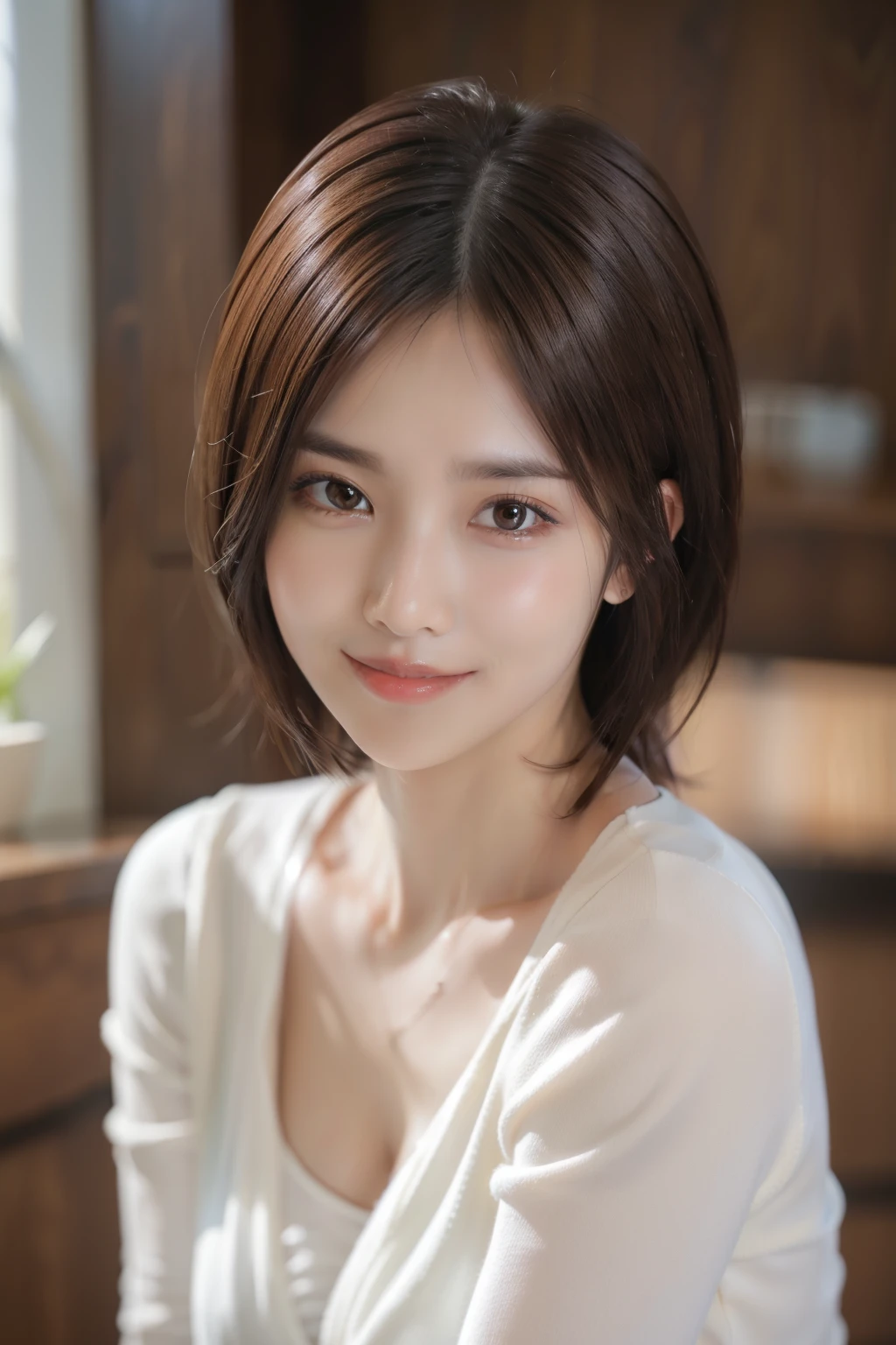masutepiece, Best Quality, Realistic, hyper realstic, Photorealsitic, Ultra-detailed, finely detail, hight resolution, 8k wallpaper, 1 beautiful woman,, lightbrown hair, foco nítido, Perfect and dynamic composition, Beautiful and detailed eyes, detailed hairs, Detailed and realistic skin texture, Smiling, Model body type, a miniskirt, thighs thighs thighs thighs, (Raw photography), (intricate detailes), short-hair, straight haired, extremely detailed eye, highlydetailed skin, highly detail mouth, highly detailed nose, Happy smile, ((Look at viewers))
