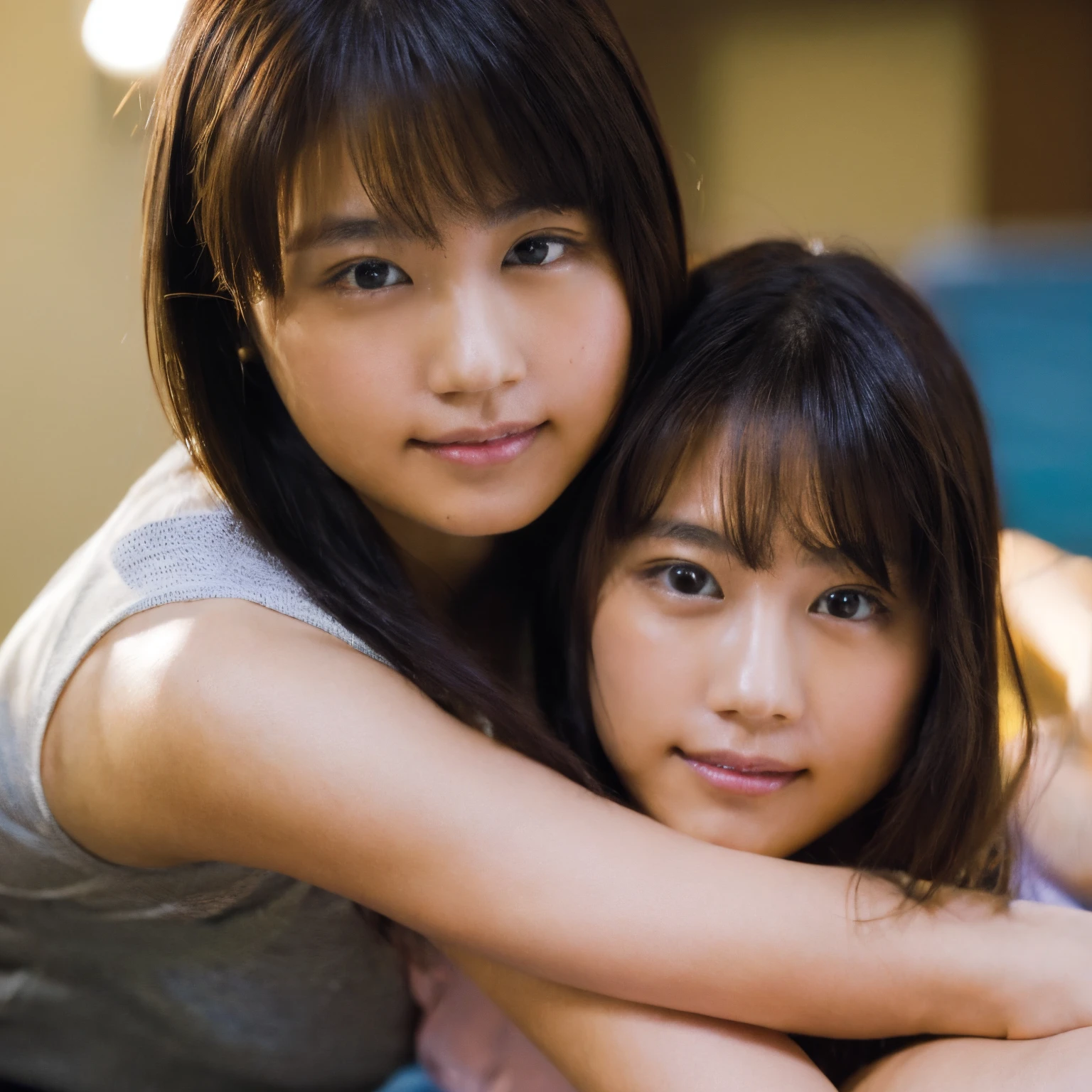 (8K、Raw photography、top-quality、masterpiece:1.2)、(realisitic、Photorealsitic:1.37)、ultra-detailliert、超A high resolution、Japan Beautiful Girl、sixteen years old、Identical twin sisters hugging each other、see the beholder、beautifull detailed face、A smile、Constriction、(Slim waist) :1.3)、Tank Tops、Beautiful detailed skin、Skin Texture、Detailed dark brown eyes、floated hair、profetional lighting