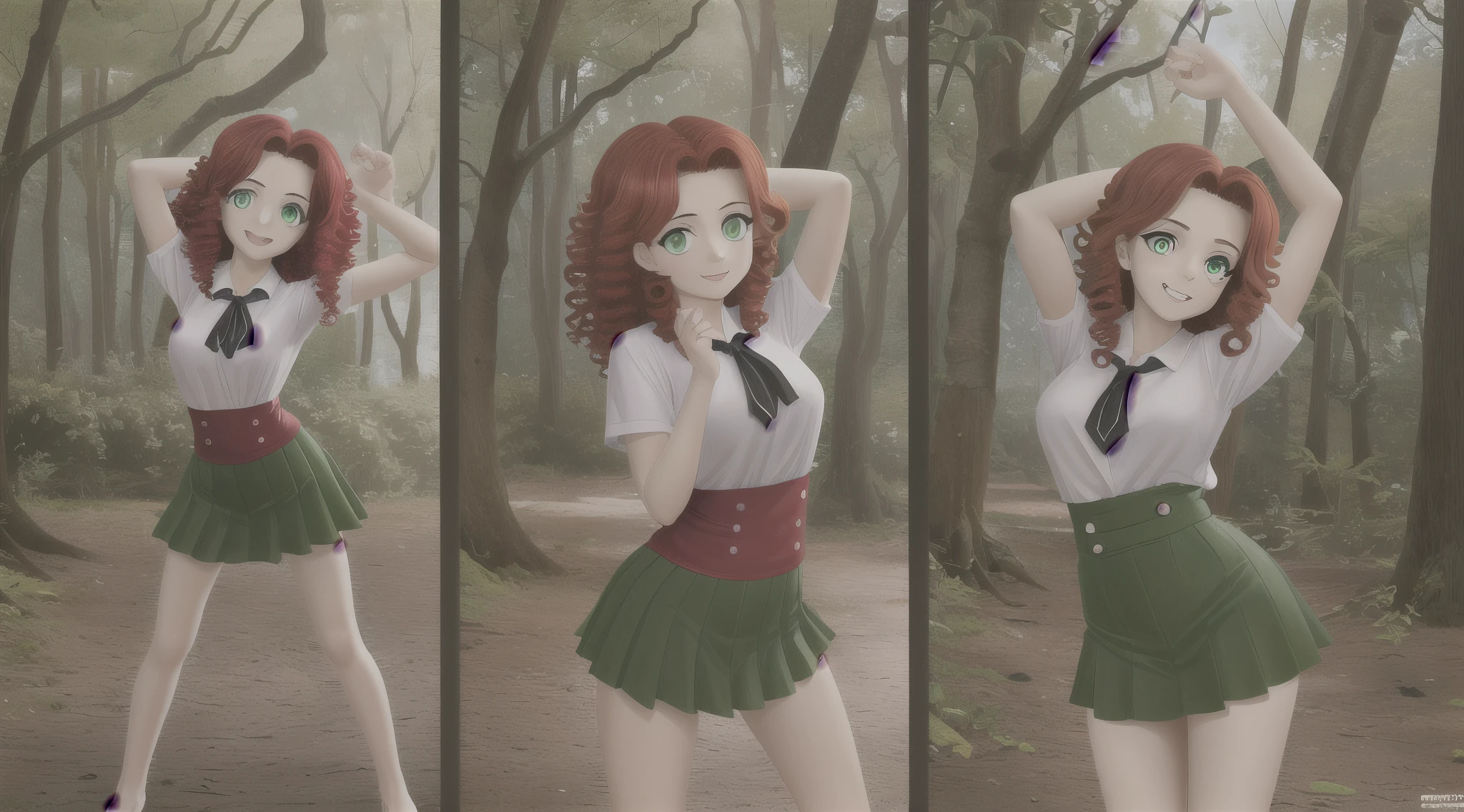 Charakter-Design-Blatt: Unterschiedliche Posen, Turnaround Draw a picture of a 24-year-old woman, 165 cm tall, schlank, sportlich, rotes Haar, lockiges Haar, green eyes, Stelle sie als eine lebensfrohe, junge Frau dar, whose facial expression reflects happiness and relief, different poses from different directions She has red curly hair and green eyes, and embodies a mixture of chaos, neugierig, lucky and inexperienced characteristics. Emphasize her red curls and green eyes, ihre Neugier, their nature and their inner strength. she wears a skirt