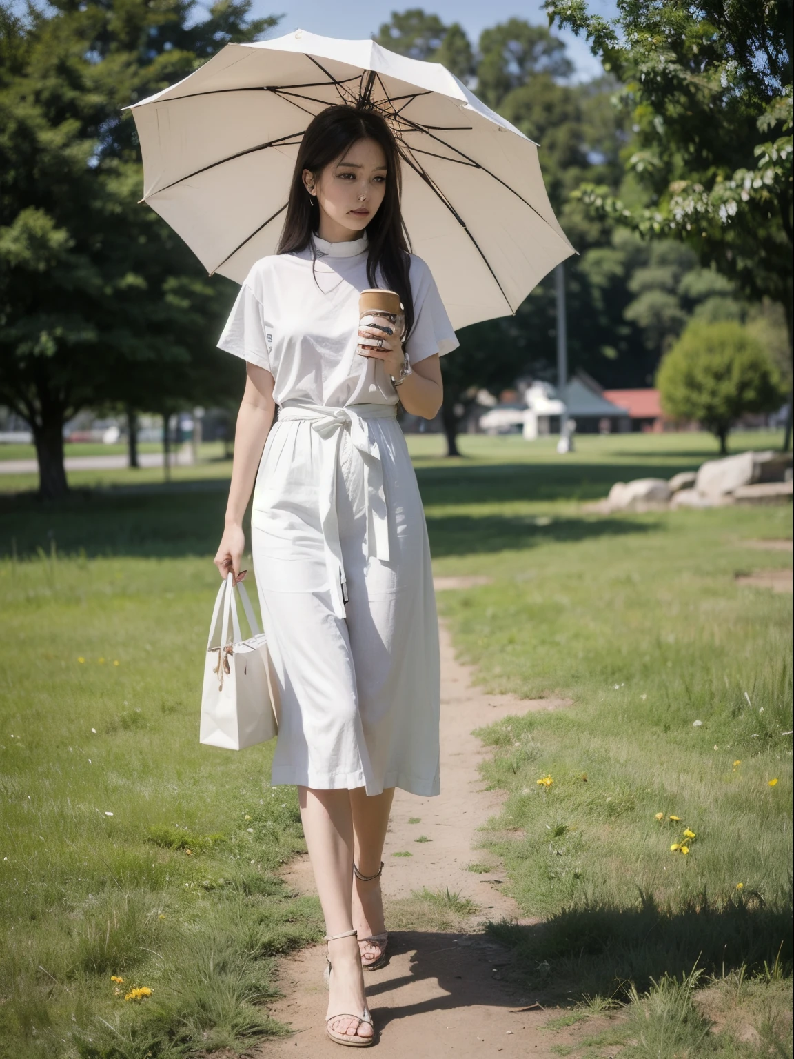 On the steppe，long hair flowing，Umbrella in hand，Beautiful Chinese beauties，Wearing a white T-shirt，coffee bag hip skiregant tail swing，Luxurious and exquisite，small stand collar、agraffe、Tight waist，looking at the distance