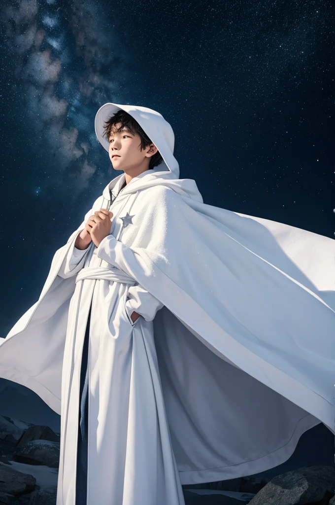 boy, starry sky, white cloak