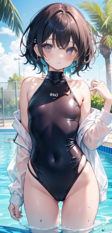 1 girl, watery big eyes*Su Jiushui*Wet hair*hair open*ear studs*swimmingpool>,, Low RA:Add to_the detail:1,One-piece swimsuit,flatchest