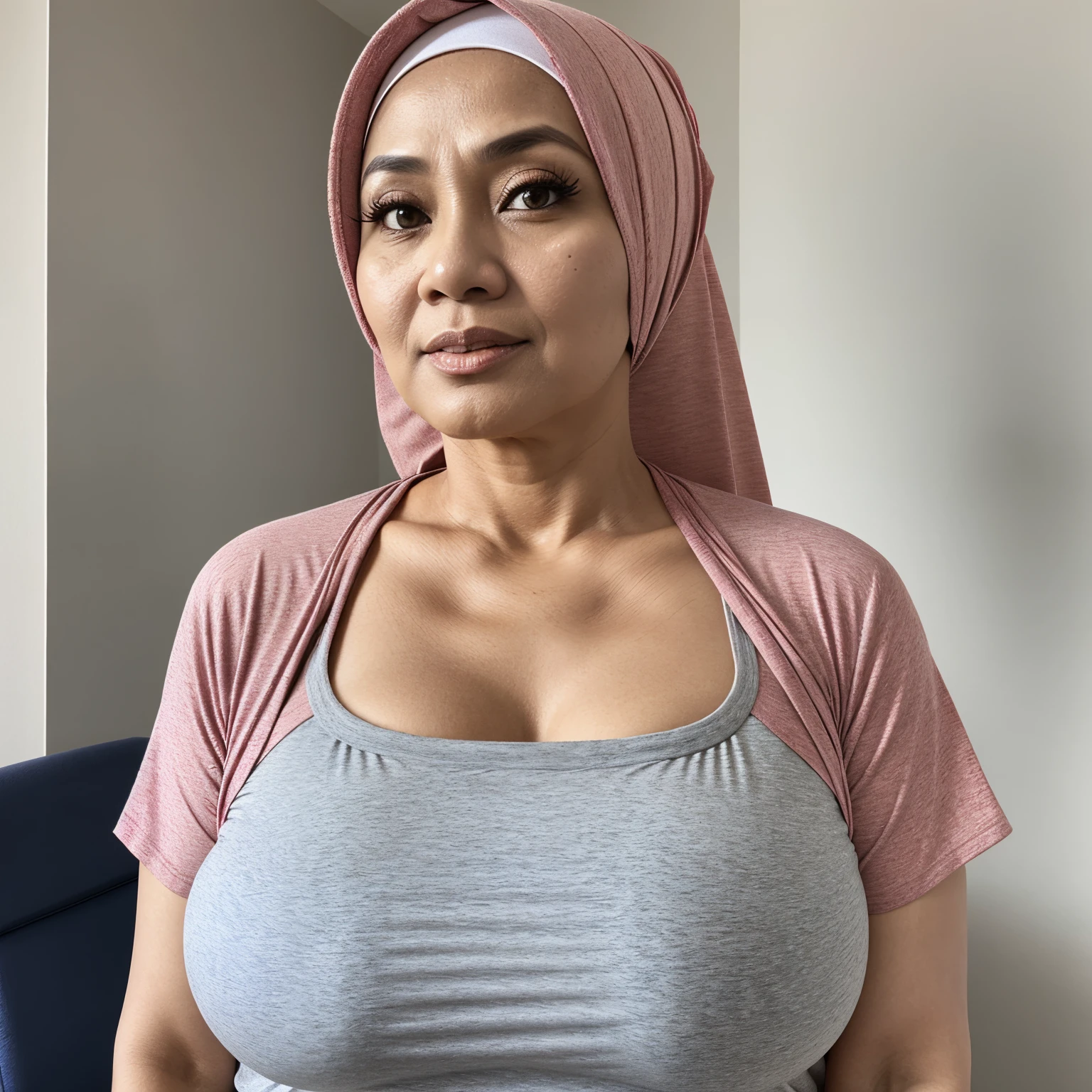 mature woman big tits ピンクとグレーのトップスを着て、ピンクのヘッドスカーフを巻いた女性 - SeaArt AI