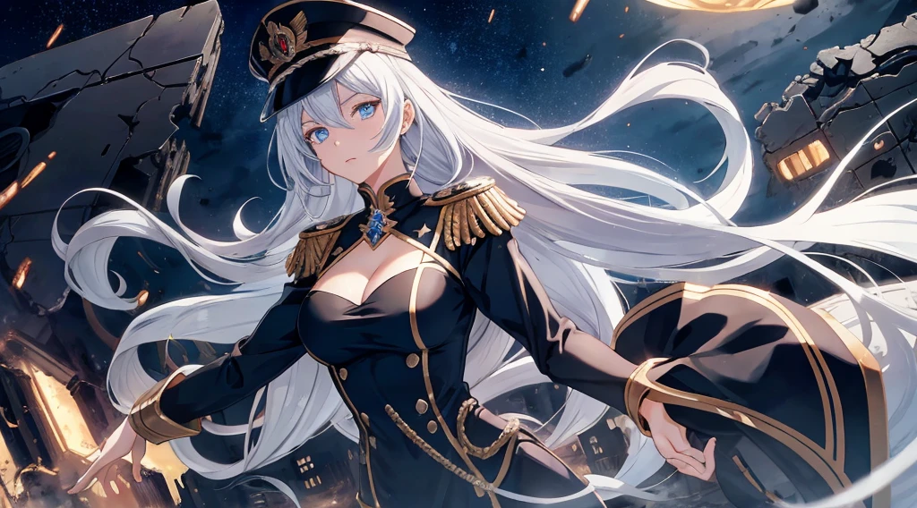 Masterpiece, best quality. 1 Anime lady ( woman), Solo, (Look at viewers) . Stern looks. She wearing black epaulette dress, black commander hat, have glowing light blue eyes. She have very long white hair.  Floating hair up. Ring of Goddess. Cinematic light. (War, destroyed City, Ashes). Releasing power. blue aura. Eyes glowing. Close up.