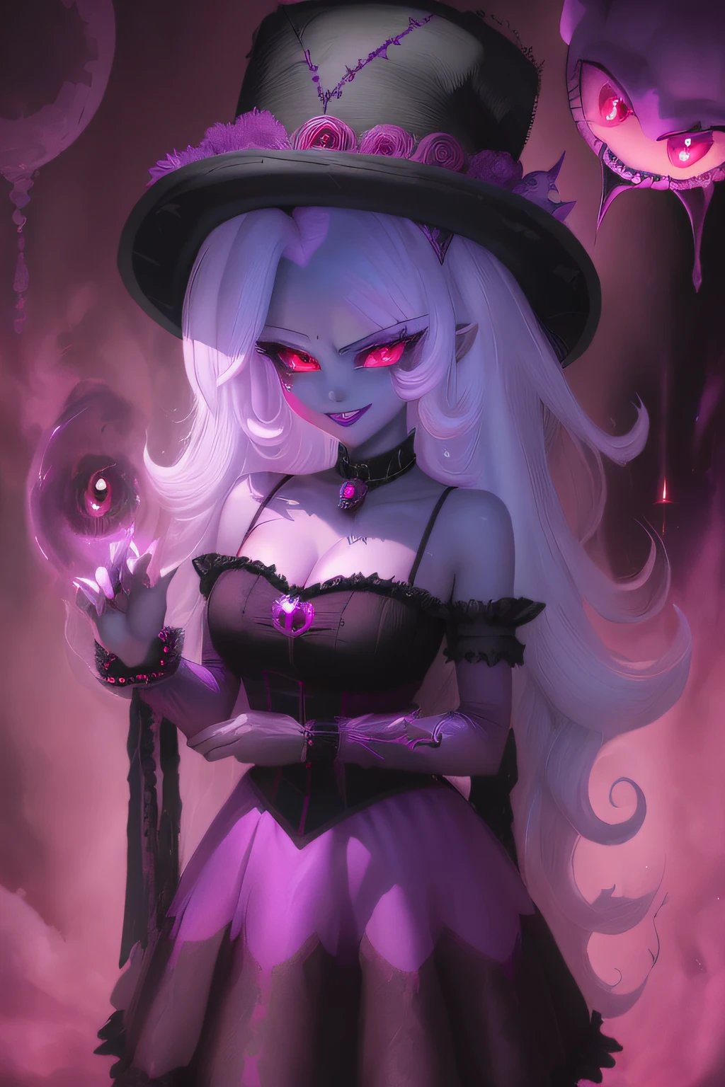 alta calidad, exquisito, beautiful depiction of Trixie Lulamoon as Equestria Girls' version of Batman Who Laughs or Batman Dark Metal fused with Doctor Strange Supreme from "Y si," con los ojos rojos y una sonrisa siniestra. Trixie Lulamoon es retratada en una postura amenazante y poderosa, Its fusion of characters emanating an aura of darkness and immense power. Sus ojos brillan de color rojo, reflejando su naturaleza siniestra, while his smile exudes a sense of malevolence. La imagen captura la presencia dominante de Trixie Lulamoon, showing her as a formidable and formidable character. The composition is dynamic, emphasizing Trixie Lulalone's fusion of dark powers and her connection to the supernatural. The color palette consists of deep, melancholic tones, Enhancing the dark and mysterious atmosphere of the scene. The image aims to convey the evil and power of Trixie Lulamoon fused with the dark and enigmatic qualities of Batman Who Laughs or Batman Dark Metal and Doctor Strange Supreme, cuerpo completo, Mirando al espectador, Amy, Slimes