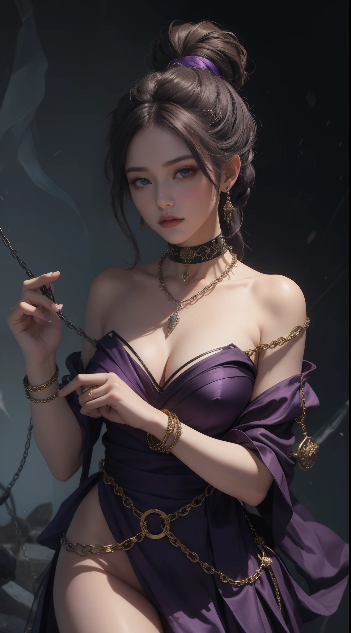 tmasterpiece，Highest image quality，Beautiful bondage bust of older slave sister，Exquisite purple updo hairstyle，blacksilk，Decorated with a series of metal choker and anklet chains，Ultra-detailed details，advanced。At the Pixiv Art Station，Break your own power，Louie，Big breasts exposed，R-18G