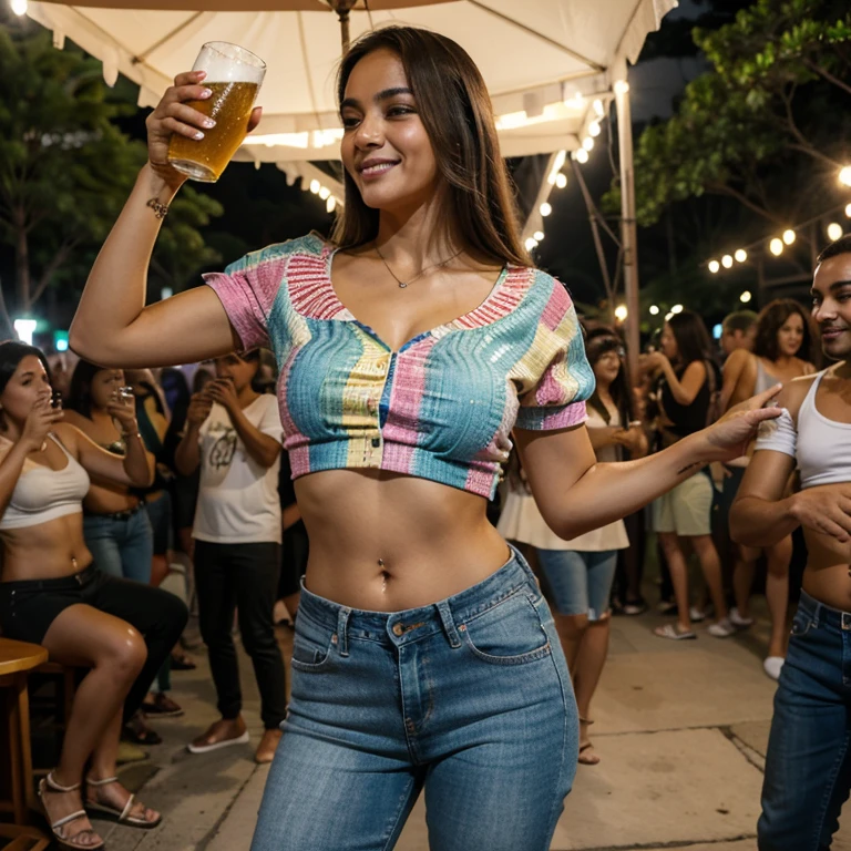 Modelo brasileira, friendly about 20 years, sorrir, corpo inteiro, boate, Beber, Dancing, Durante toda a noite, tarde da noite, aproveitando a juventude, crowd, Feliz, bermuda jeans, camisa branca com gola v, samba, pagode, rio de janeiro, roda de samba, alegria, Spontaneous, signing, looking to the side, shouting, sem pose, holding a beer glass