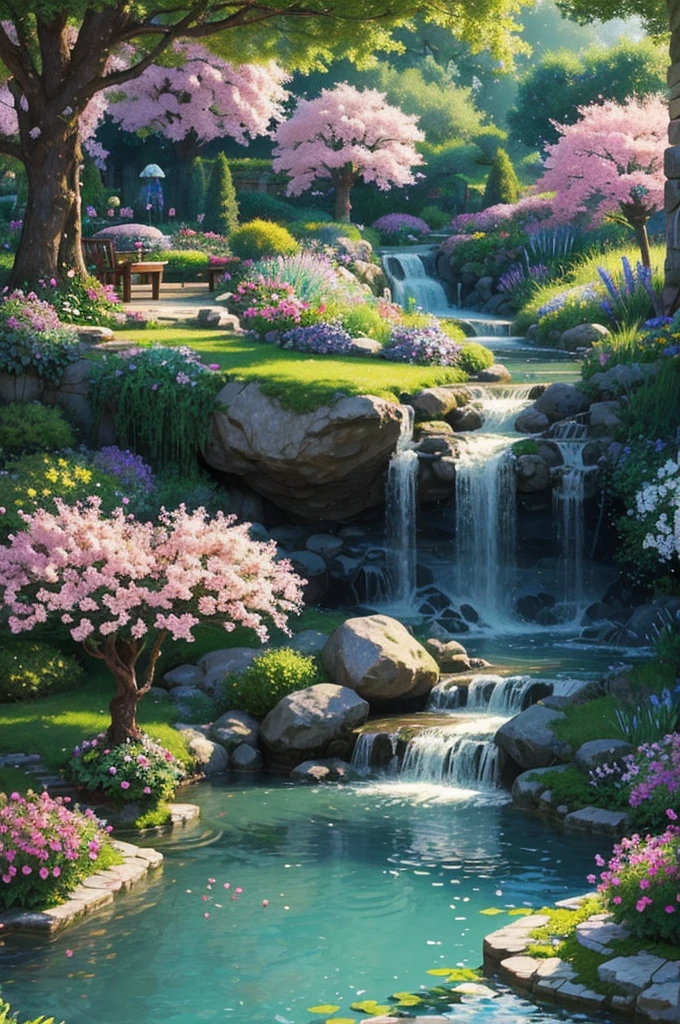 pixelart  Generate an image of a beautiful and serene garden, with colorful flowers, gentle streams, and the sounds of nature. Show the tranquility, the life, and the beauty of a perfect day.