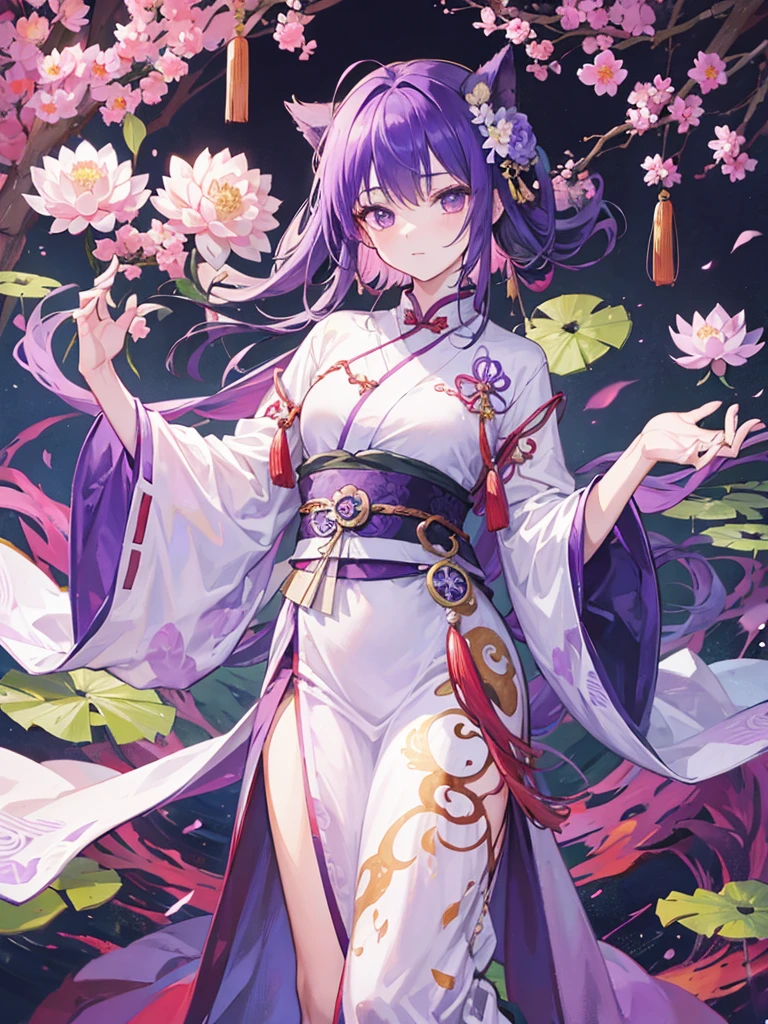 A youkai,a plant,Ancient Chinese clothing,robe,Holding a lotus flower in his hand,Purple Thunderbolt