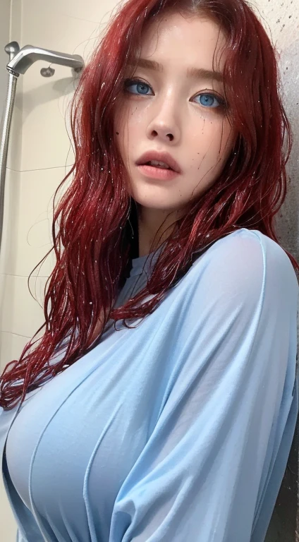 Beautiful handsome woman, ((top quality, 8k, masterpiece:1.retty woman, 1woman, huge breasts:1.3, slender figure:1.1, elastic red long hair, (shower, wet body, wet clothes:1.1), very detailed face, detailed lips, detailed eyes, double eyelids, detailed blue eyes, extremely detailed outstanding blue eyes, red wet hair, red wet hair, detailed outstanding BLUE EYES, innocent stare at the viewer, extremely wet wavy red hair, detailed outstanding BLUE EYES, raining outside