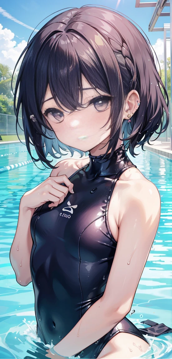1 girl, watery big eyes*Su Jiushui*Wet hair*hair open*ear studs*swimmingpool>,, Low RA:Add to_the detail:1，One-piece swimsuit，flatchest