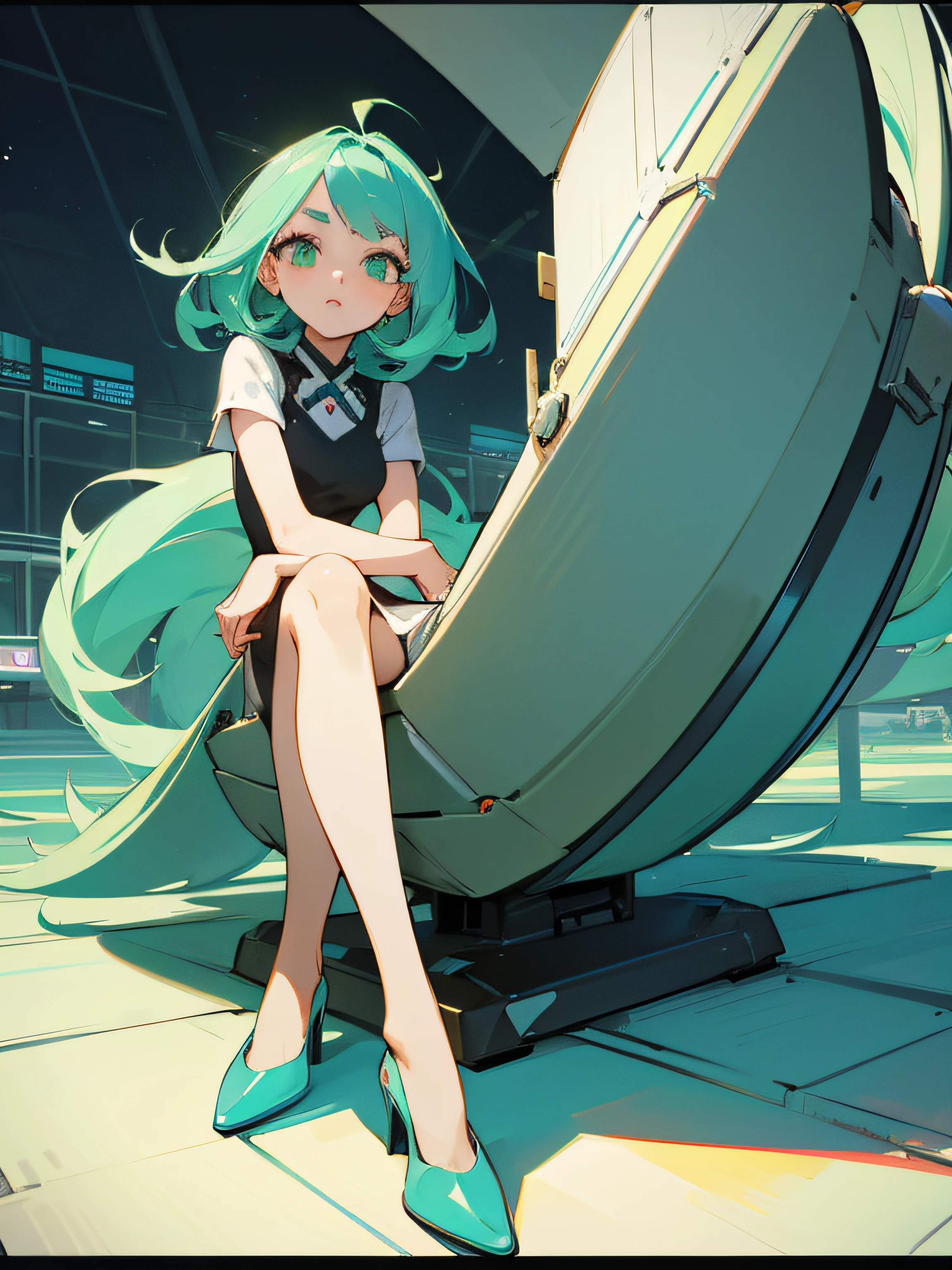 Beautiful woman with big eyes flat anime comic style. her hair is light green、eyes are blue-green. she sits facing forward like a news announcer.
