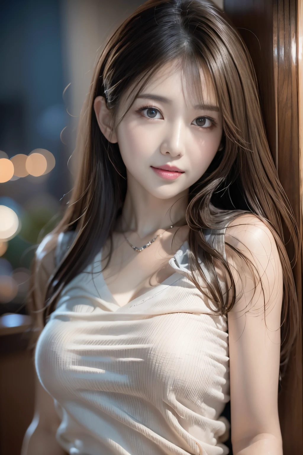 masutepiece, Best Quality, Photorealsitic, Ultra-detailed, finedetail, hight resolution, 8K Wallpapers, 1 beautiful woman, Wear casual business wear, In a great restaurant, At night, light brown messy hair, Perfect dynamic composition, Beautiful detailed eyes