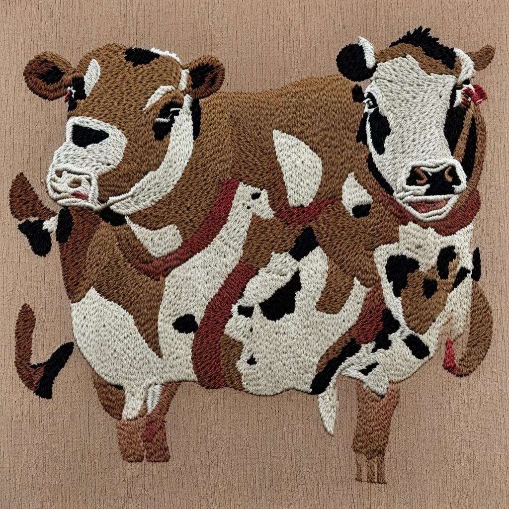 An embroidery on a cow blanket