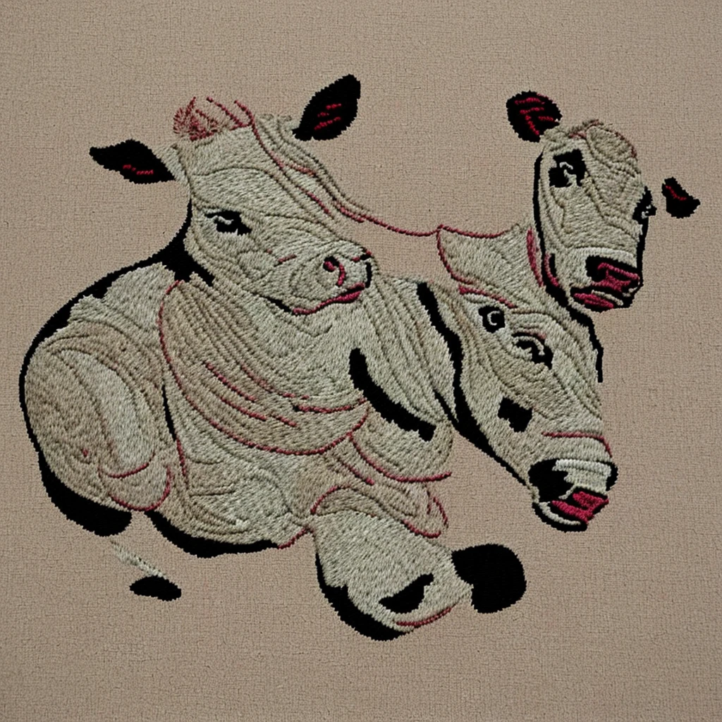 An embroidery on a cow blanket