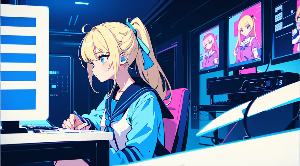 (1 girl, blonde hair, ponytail, blue eyes, sailor suit, headphone, sitting in a chair, kawaii), (blue cyberpunk, room with big monitors, blue neon), (low contrast, chromatic aberration, flat color, limited palette, ligne claire)
