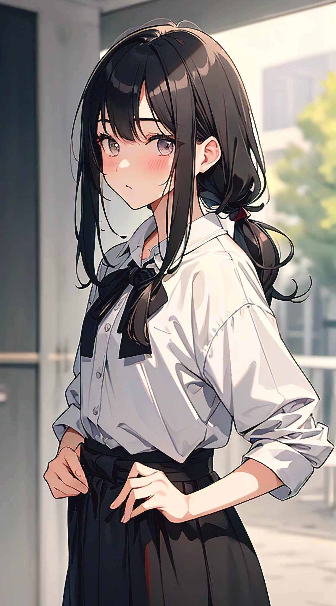 Black hair, silky hair,pigtails, ribbons, gray eyes, gentle expression, slender body, casual clothes, stage background, (((masterpiece, ultra detailed, best quality)))