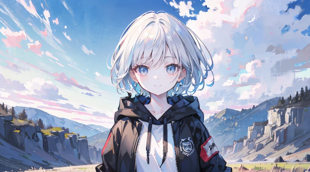 Ultra-high image quality,Look at viewers, hands behind back, girl with, 20 years old, Very short hair, long bangs between eyes, pale blue eyes, Hoodie, Skirt , Extremely detailed,(​masterpiece、top-quality),White hair、A smile、Fantastical, Silver hair, Black eyes,  Hoodie, White hoodie,a black skirt,Hair is short,White jacket, Casual style,Open jacket,  Cowboy Shot、Fluttering hair、a small face、Bright smile、(Detailed face) ,profetional lighting,fantastic landscape,Blue sky, Sunlight,look down from above,portrait bottom field