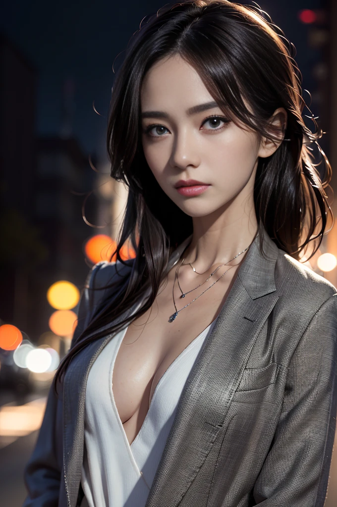 (Photoreal Stick:1.5, masutepiece:1.5, 8K), (top-quality, masterpiece, 超A high resolution), Highly detailed skin and facial texture:1.Professional camera work:1.3, Mystical portrait:1.3, Grow Light Effect, Cinematic Light, Perfect dynamic composition, The ultra-detailliert, Model body type, Clear face, Detailed hand, Beautiful and detailed eyes, Totally loves you:0.5, V-neck shirt, Black Tailored Suit, Suit jacket, night view at night, dark brown medium hair, Small breasts, a necklace, Close-up portrait