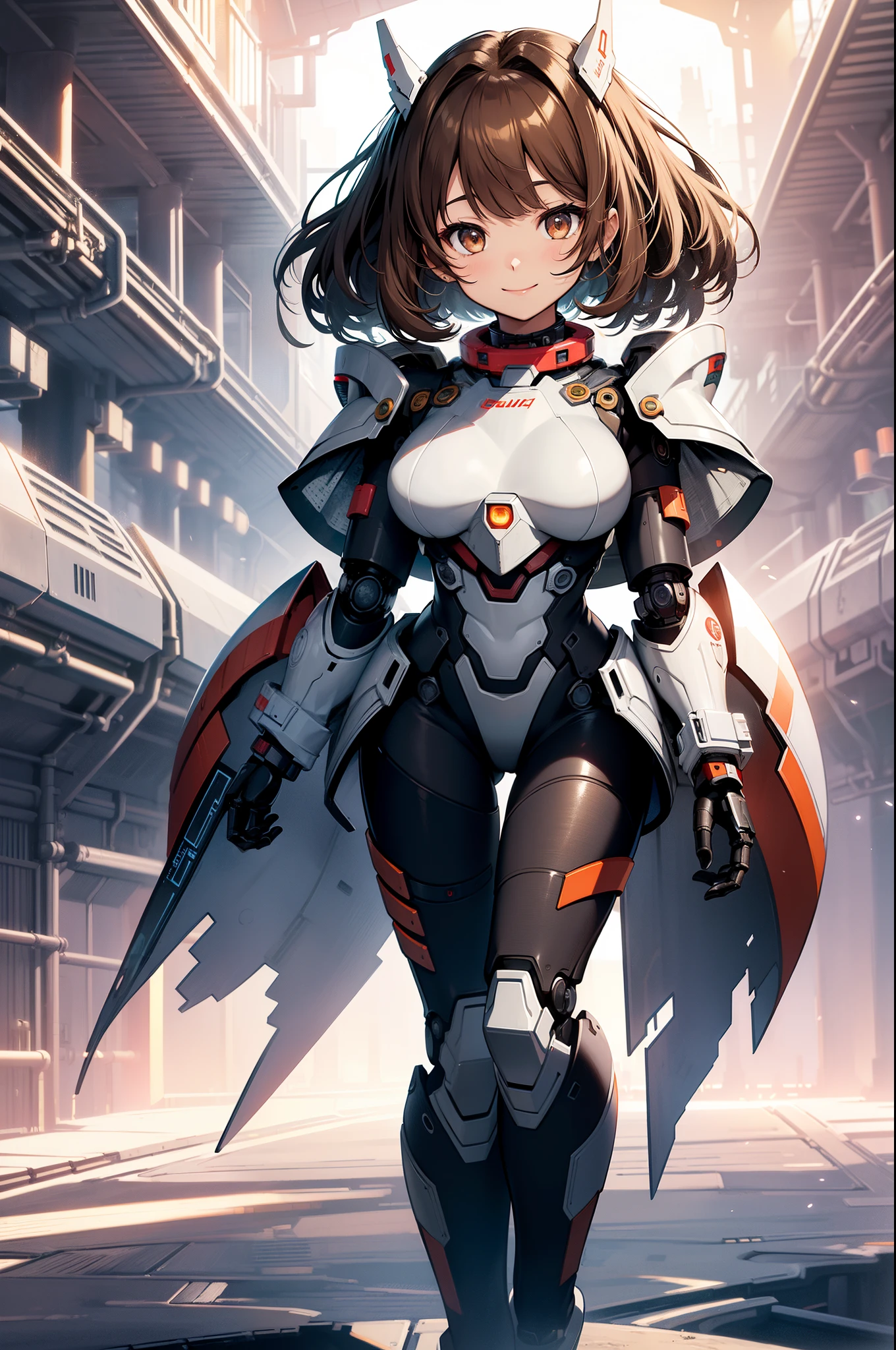 top-quality、Top image quality、masterpiece、Mecha Girl((18year old、Armor for both hands and feet、Robot joints,Raw feet,Bust 85、Brown hair、close to viewer、gazing at viewer、Chest energy、Breasts wide open,Reaching out、Brown eyes、A shy smile、Dye cheeks))hiquality、depth of fields((Space Colony))、Depth、
