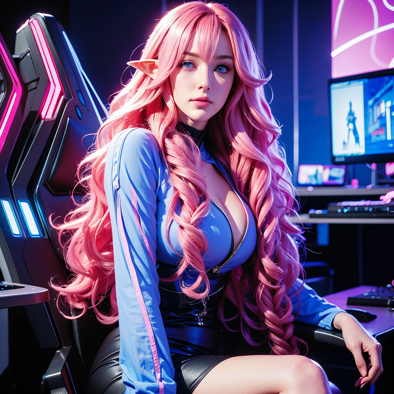 Woman, long curly hair, pink hair, blue eyes, elf, cyberpunk, technology, sitting on throne