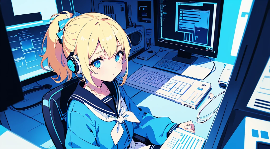 (1 girl, blonde hair, ponytail, blue eyes, sailor suit, headphone, sitting in a chair, kawaii), (blue cyberpunk, room with big monitors, blue neon), (low contrast, flat color, limited palette)