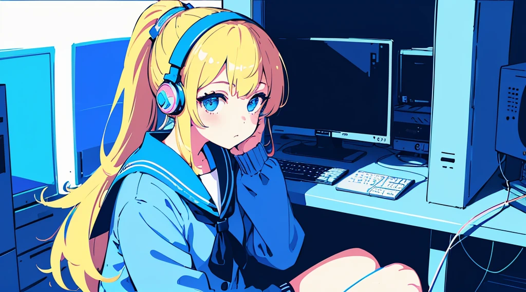 (1 girl, blonde hair, ponytail, blue eyes, sailor suit, headphone, sitting in a chair, kawaii), (blue cyberpunk, room with big monitors, blue neon), (low contrast, flat color, limited palette)