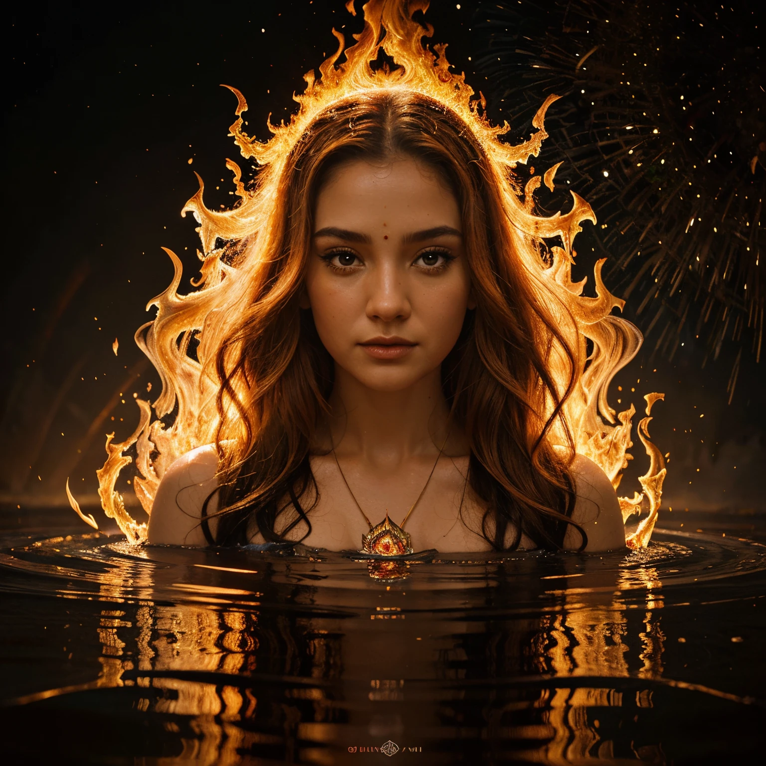 um flor de lotus em chama, a close-up of a reflection of fire and water on a surface, Jen Bartel, holy fire spell art, Dan Mumford e Alex Grey Estilo, Fire reflection, fire and water, Aura de poder. circunstanciado, solstice fire, holy flame spell, Directed by: Jason Benjamin, holy flame crown spell, digital illustration radiating, energy flows of water and fire, Lotus Do in Resolution 2.048 x 1.152 pixels